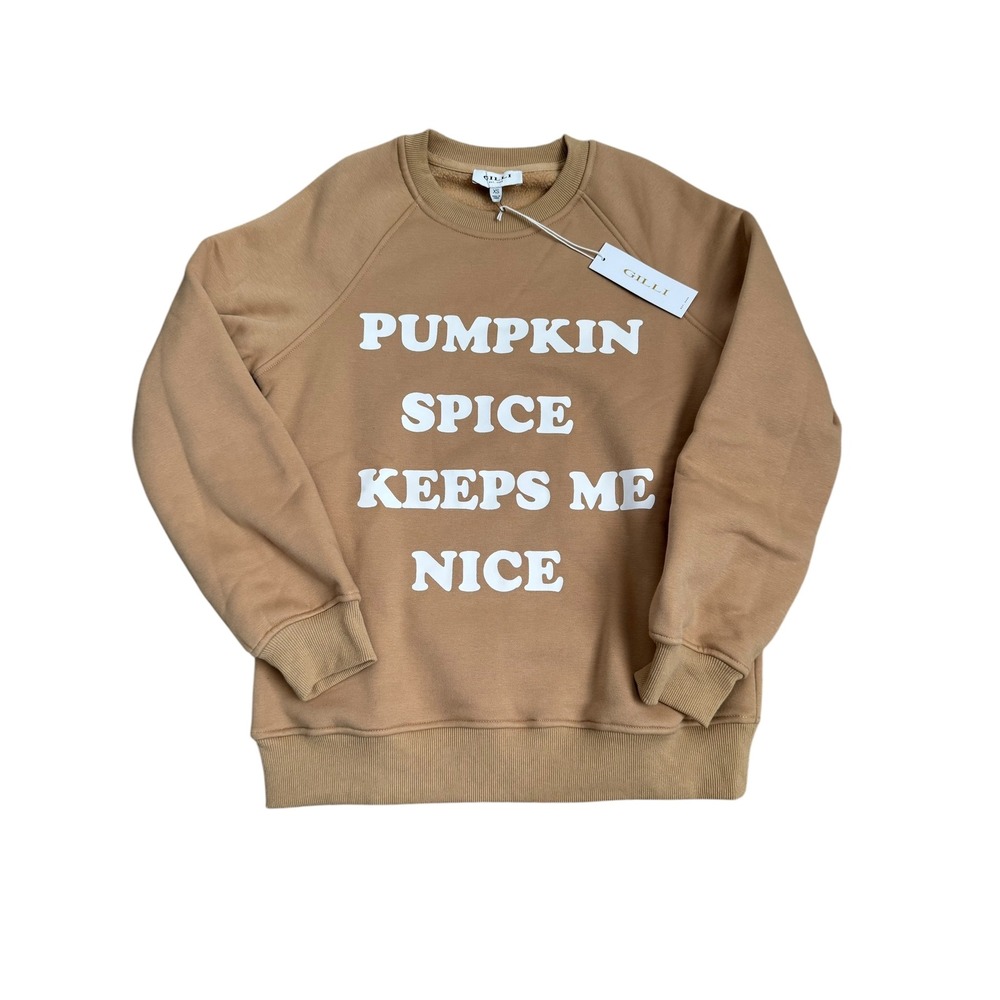 Gilli Pumpkin Spice Keeps Me Nice Graphic Pullover Sweatshirt Tan‎ Womens XS NEW